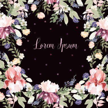 Iris, gül, Şakayık çiçekleri ile güzel suluboya düğün kartı.