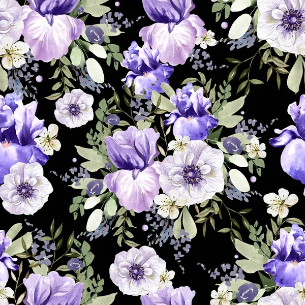 Wunderschönes Aquarellmuster mit Pfingstrose, Iris, Anemone und Rosenblüten. — Stockfoto