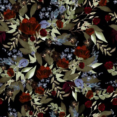 Şakayık ve gül çiçek ile güzel suluboya desen.