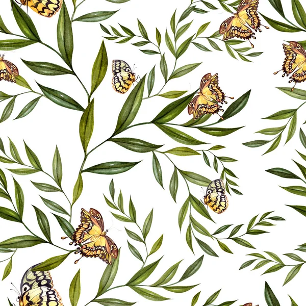 Beautiful watercolor pattern with leaves and butterflies. — Stock Photo, Image