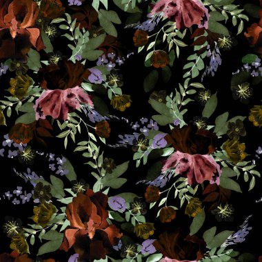 Şakayık, Iris ve güller çiçek ile güzel suluboya desen.