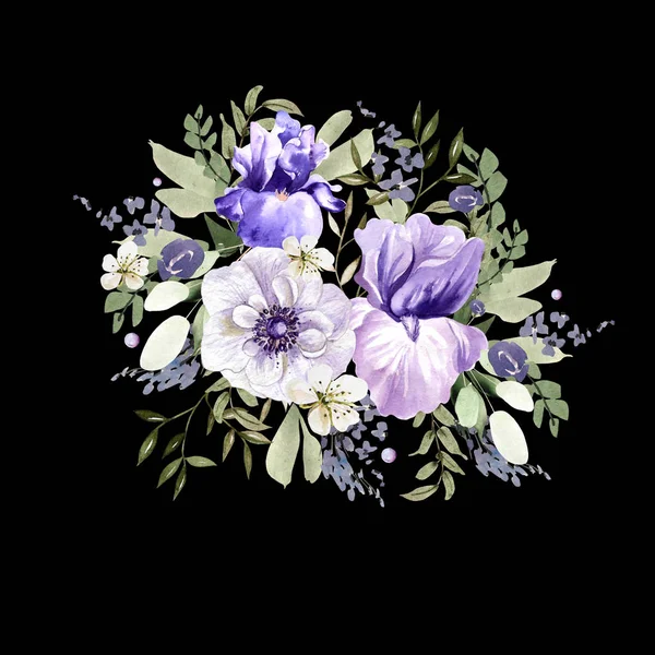 A beautiful watercolor bouquet with anemone and iris flowers. — Stock Photo, Image