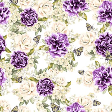 Çiçek gül ve Şakayık güzel suluboya desen. 