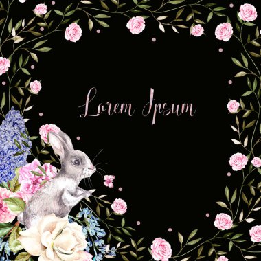 Easter bunnies ile güzel suluboya tebrik kartı. Gül, leylak, Şakayık ve kelebekler çiçeklerle. 