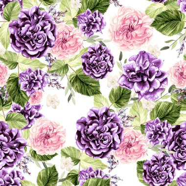 Çiçek gül ve okaliptüs, yaprakları, lavanta ile güzel suluboya desen. 