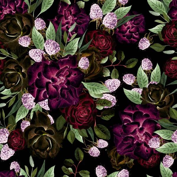 Beautiful watercolor pattern with flowers rose and blackberry. — Stock Photo, Image