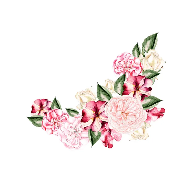 Gyönyörű, fényes akvarell koszorú rózsák és a petunia virág. — Stock Fotó