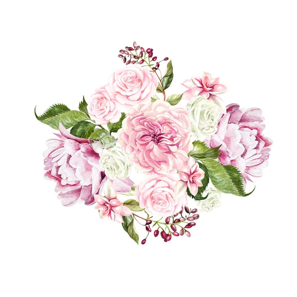 Bouquet da sposa acquerello con rosa, peonia e bacca . — Foto Stock