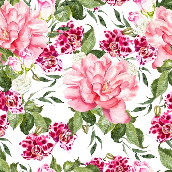 Bright watercolor seamless pattern with flowers roses, peony and orchids.
