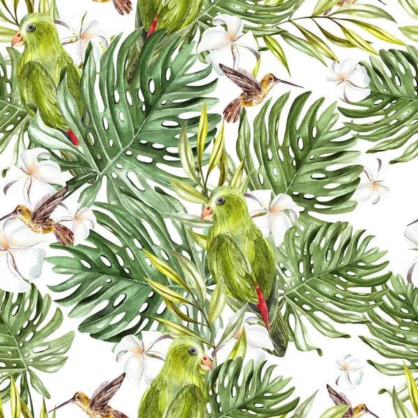 Ljusa akvarell sömlösa mönster med tropiska blad och fåglar. — Stockfoto