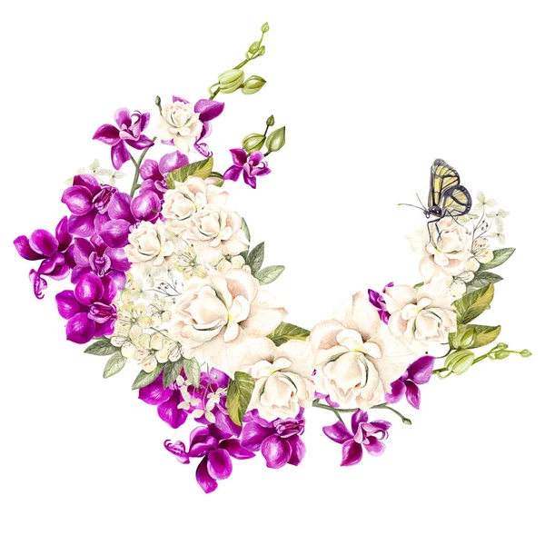 Vackra, ljusa akvarell krans med orkidéer. — Stockfoto