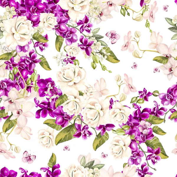 Schöne Aquarell nahtlose tropische Dschungel Blumenmuster Hintergrund mit Blättern, Blumen von Orchideen und Rosen. — Stockfoto