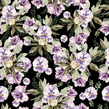 Şakayık ve hercai menekşe çiçek, lpetunia ve yaprakları güzel suluboya desen. 