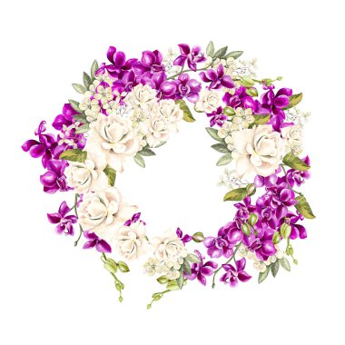 Güzel, parlak suluboya çelenk ile orkide. 