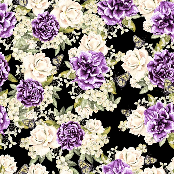 아름 다운 수채화 패턴 꽃 장미와 모란. — 스톡 사진