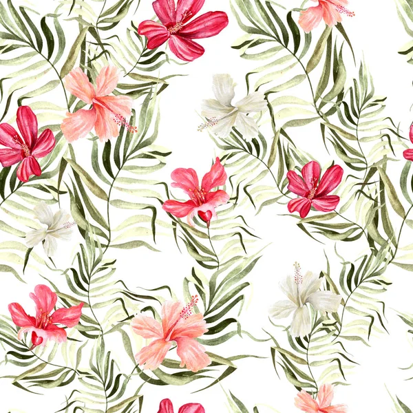 Beautiful bright watercolor pattern with flowers of hibiscus and tropical leaves — Stock Photo, Image