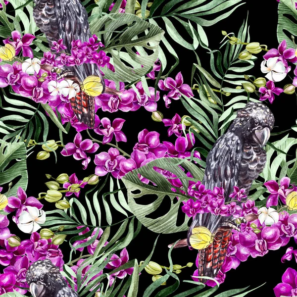 Schöne Aquarell nahtlos, tropischen Dschungel floralen Muster Hintergrund mit Palmblättern, Blume Orchideen, schwarzer Kakadu. — Stockfoto