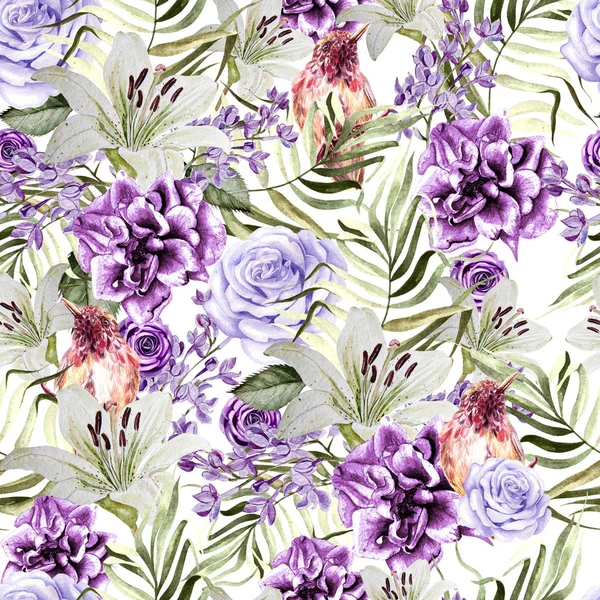 Şakayık ve gül çiçek, lily ve tropik kuş, leylak ve yaprakları güzel suluboya desen.