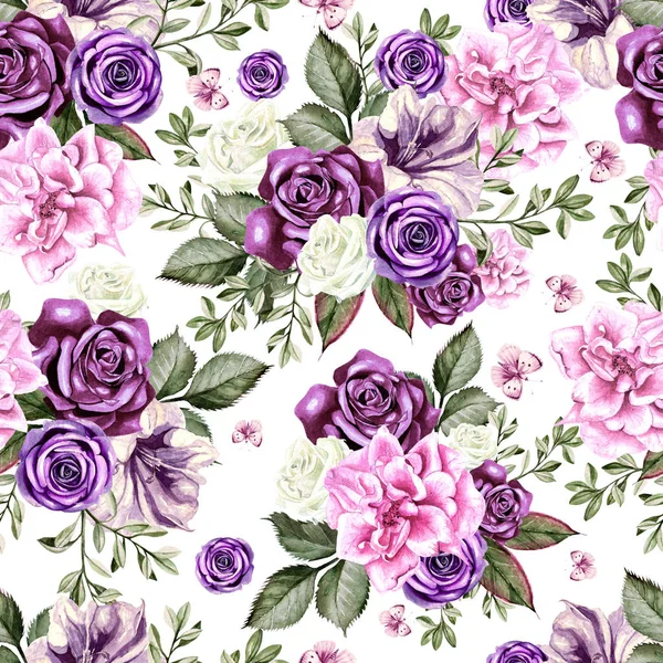 Bright watercolor flowers seamless pattern with roses, peony, petunia and butterfly. — Stock Photo, Image