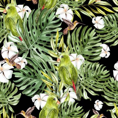 Tropikal yaprak ve kuşlar ile parlak suluboya seamless modeli.  