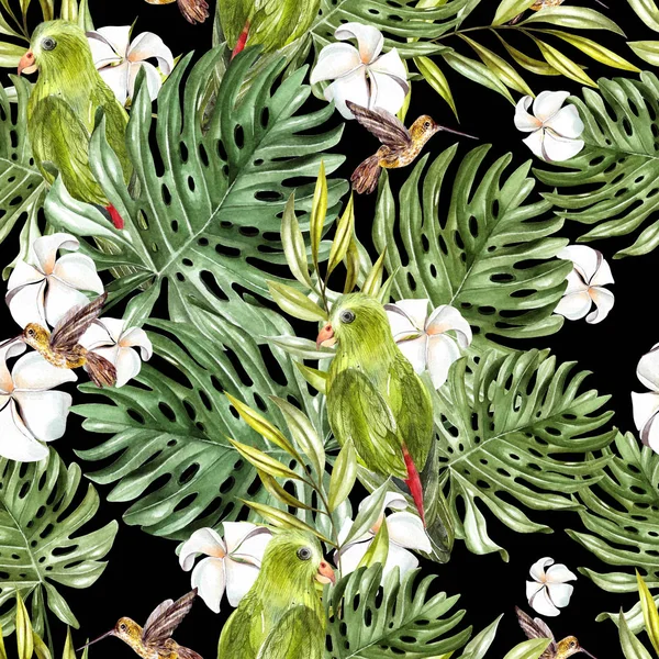 Bright watercolor seamless pattern with tropical leaves and birds.  