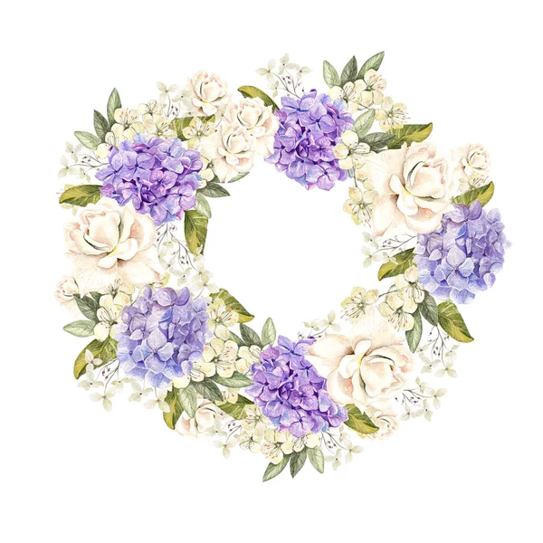 Beautiful, bright watercolor wreath with roses and hudrangea. — Stock Photo, Image