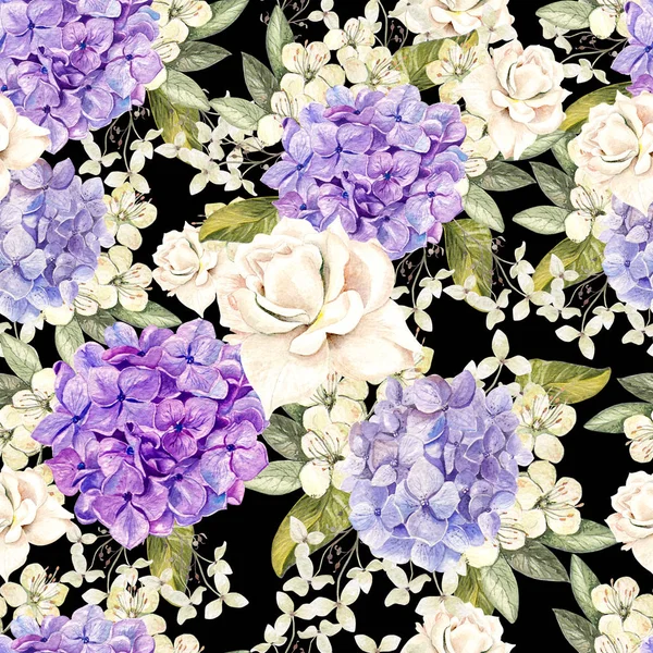 Gyönyörű akvarell minta hudrangea virágok és rózsák. — Stock Fotó