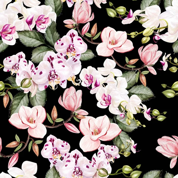 Magnifique motif aquarelle lumineux avec des fleurs d'orchidées et de magnolias . — Photo