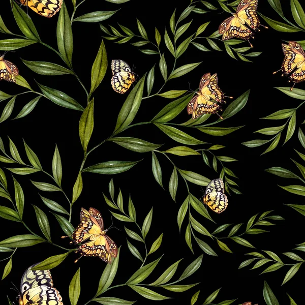 Prachtige aquarel patroon met bladeren en vlinders. — Stockfoto