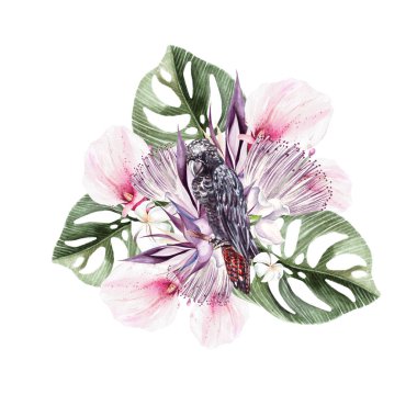 Siyah bir kakadu ve palmiye ağacı, çiçek veya calla yaprakları ile güzel bir suluboya buket. 