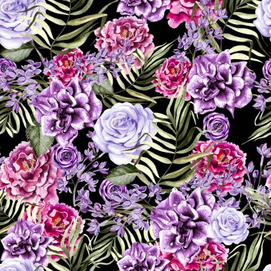 Lila ve tropikal şakayık ve rose çiçekli güzel suluboya desen bırakır. 