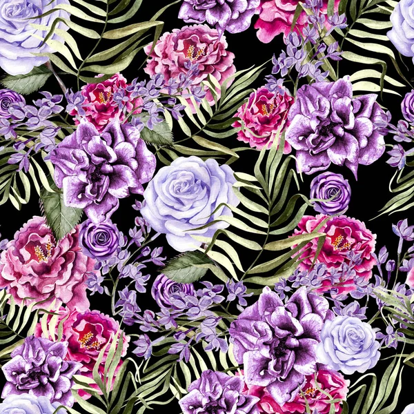 Lila ve tropikal şakayık ve rose çiçekli güzel suluboya desen bırakır. 