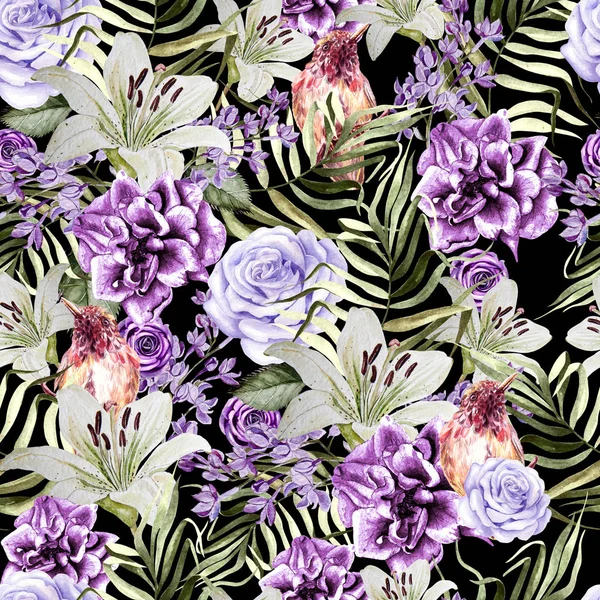 Şakayık ve gül çiçek, lily ve tropik kuş, leylak ve yaprakları güzel suluboya desen.