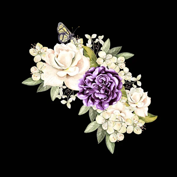 玫瑰和牡丹水彩婚礼花束. — 图库照片