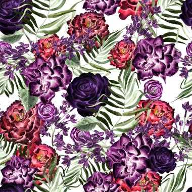 Lila ve tropikal şakayık ve rose çiçekli güzel suluboya desen bırakır.  