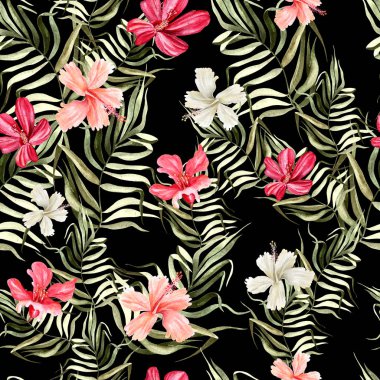 Ebegümeci ve tropikal yaprak çiçekli güzel parlak suluboya desen