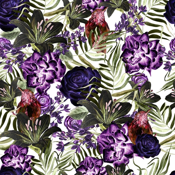 Şakayık ve gül çiçek, lily ve tropik kuş, leylak ve yaprakları güzel suluboya desen.