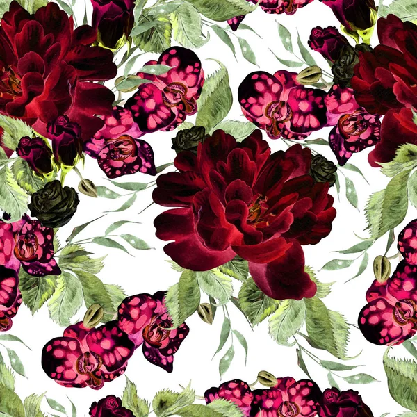 Helles Aquarell nahtloses Muster mit Blumen Rosen, Pfingstrosen und Orchideen. — Stockfoto