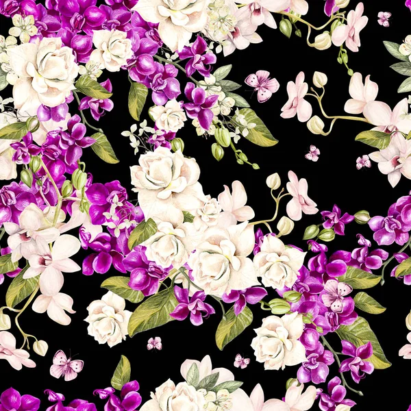 Yapraklar, çiçekler orkide ve gül ile güzel suluboya sorunsuz tropikal orman çiçek desenli arka plan. 