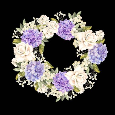 Güzel, parlak suluboya çelenk gül ve hudrangea.