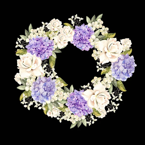 Güzel, parlak suluboya çelenk gül ve hudrangea.