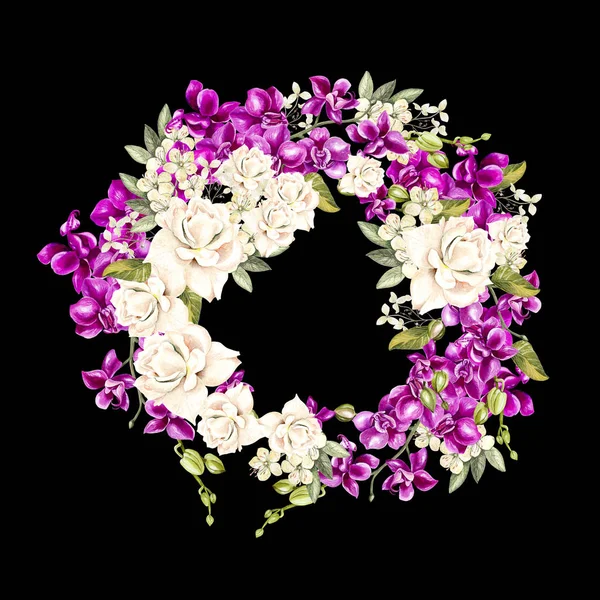 Güzel, parlak suluboya çelenk ile orkide. 