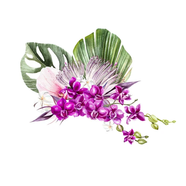 Ein wunderschöner Aquarellstrauß mit Blättern einer Palme, Blumen oder Orchideen. — Stockfoto
