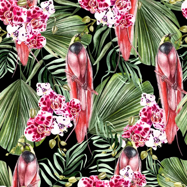 ヤシの葉、花の蘭、オウムと美しい水彩画のシームレスな熱帯ジャングル花柄背景. — ストック写真