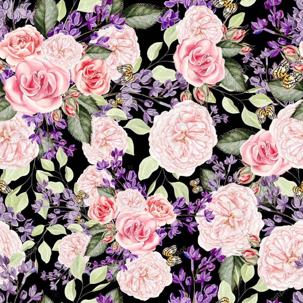 Seamless pattern with watercolor  lilac and roses flowers. 