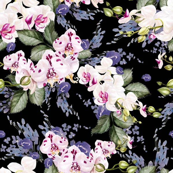 Yaprak, çiçek ve çiçek Orkide güzel suluboya sorunsuz tropikal orman çiçek desenli arka plan. 
