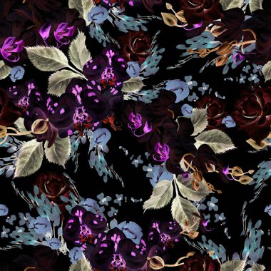 Yaprak, çiçek ve çiçek Orkide güzel suluboya sorunsuz tropikal orman çiçek desenli arka plan. 