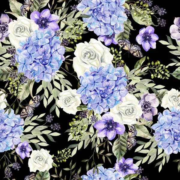 Gyönyörű akvarell minta hudrangea virágok és rózsák. — Stock Fotó