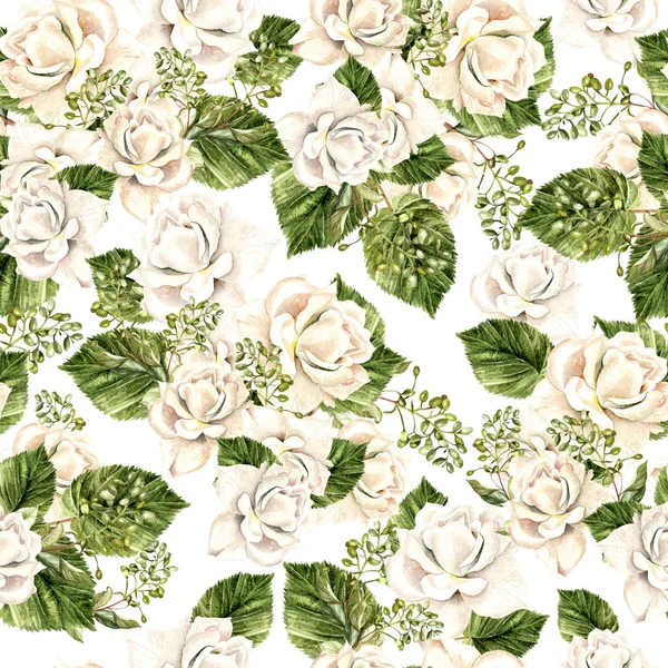 Beautiful  watercolor pattern with white roses and leaves. — Stock Photo, Image