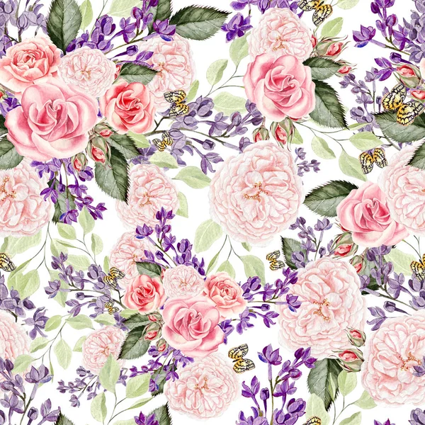 Motif sans couture avec aquarelle lilas et roses fleurs . — Photo